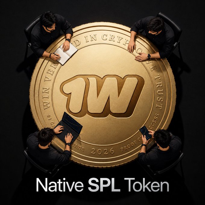 An overhead view of four people in black clothing gathered around a giant gold coin labeled "W" with "Native SPL Token" beneath it, featuring text like "TRUST" and "SINCE 2026" around the coin's rim.
