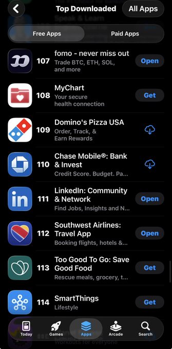 Screenshot of the Apple App Store's 'Top Downloaded' section showing apps ranked 107-114, including fomo, MyChart, Domino's Pizza USA, Chase Mobile, LinkedIn, Southwest Airlines, Too Good To Go, and SmartThings.