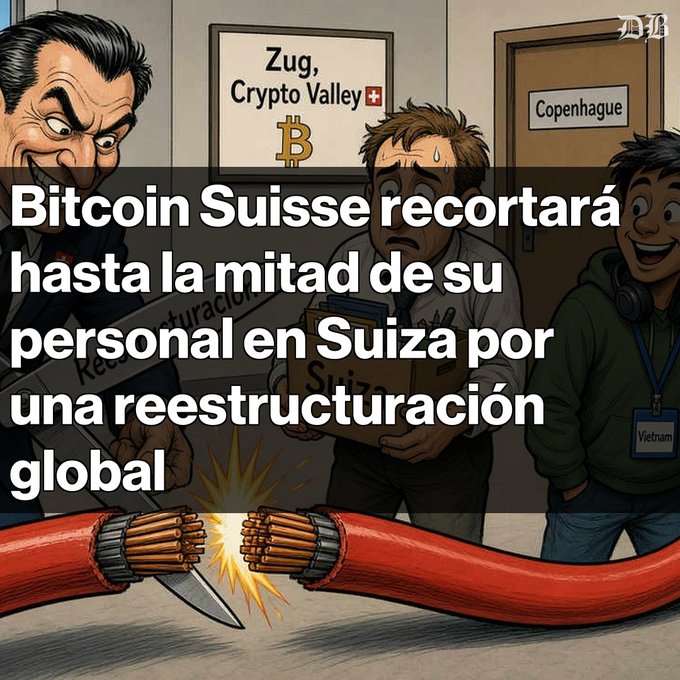 An illustrated graphic with Spanish text reading 'Bitcoin Suisse recortará hasta la mitad de su personal en Suiza por una reestructuración global', depicting a man being fired and another cutting cables.