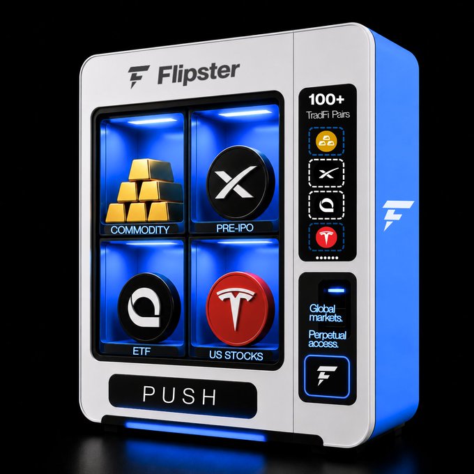 A promotional graphic for Flipster, a crypto trading platform, designed to look like a vending machine offering '100+ TradFi Pairs' across categories including Commodity, Pre-IPO, ETF, and US Stocks (featuring an XRP logo and Tesla 'T' logo), with a 'PUSH' button and text reading 'Global markets. Perpetual access.'