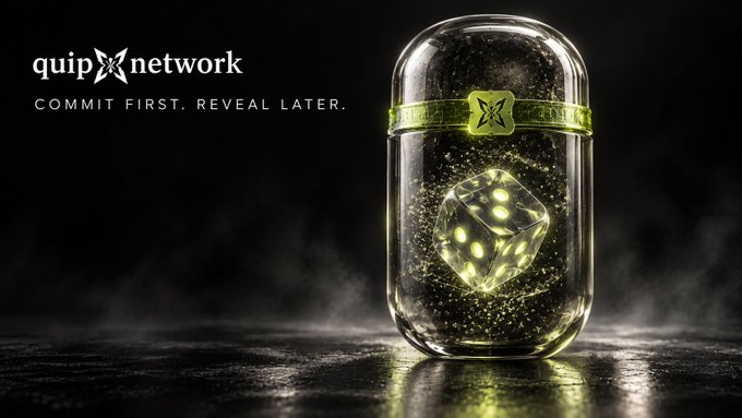 A promotional graphic for quip network with the tagline 'COMMIT FIRST. REVEAL LATER.', showing a glowing die inside a glass capsule with an X logo.