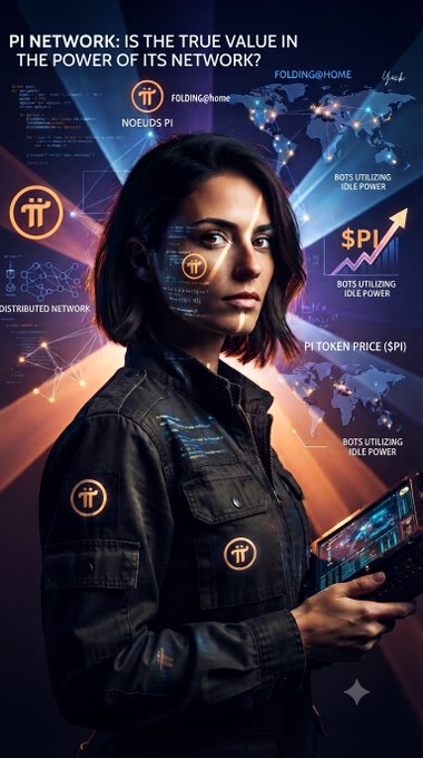 Promotional graphic titled 'PI NETWORK: IS THE TRUE VALUE IN THE POWER OF ITS NETWORK?' featuring a digital illustration of a woman with pi symbols, alongside text mentioning 'NOEUDS PI', 'DISTRIBUTED NETWORK', 'PI TOKEN PRICE (PI)', and 'BOTS UTILIZING IDLE POWER'.