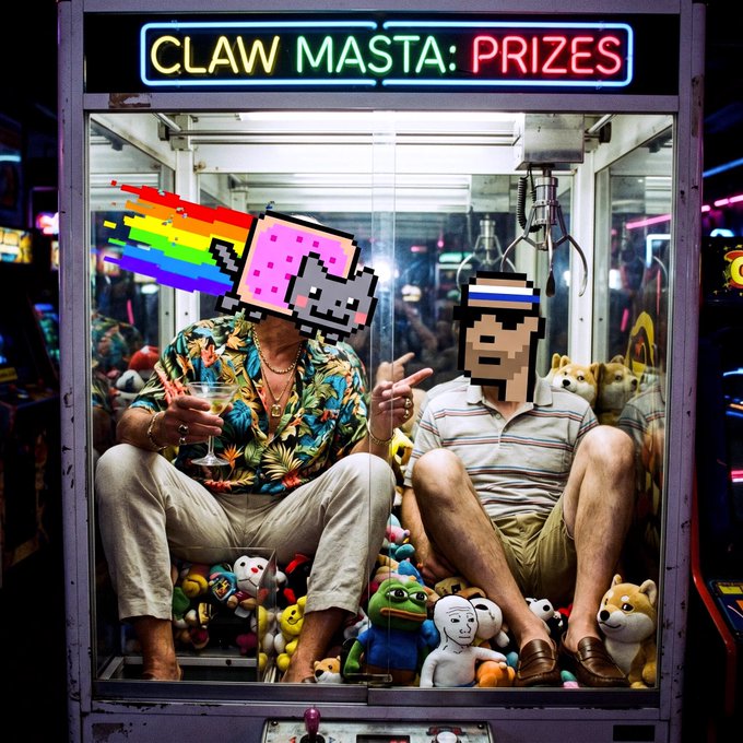 Two men wearing pixelated, meme-style digital masks sit inside an arcade claw machine labeled "CLAW MASTA: PRIZES," surrounded by plush toys.
