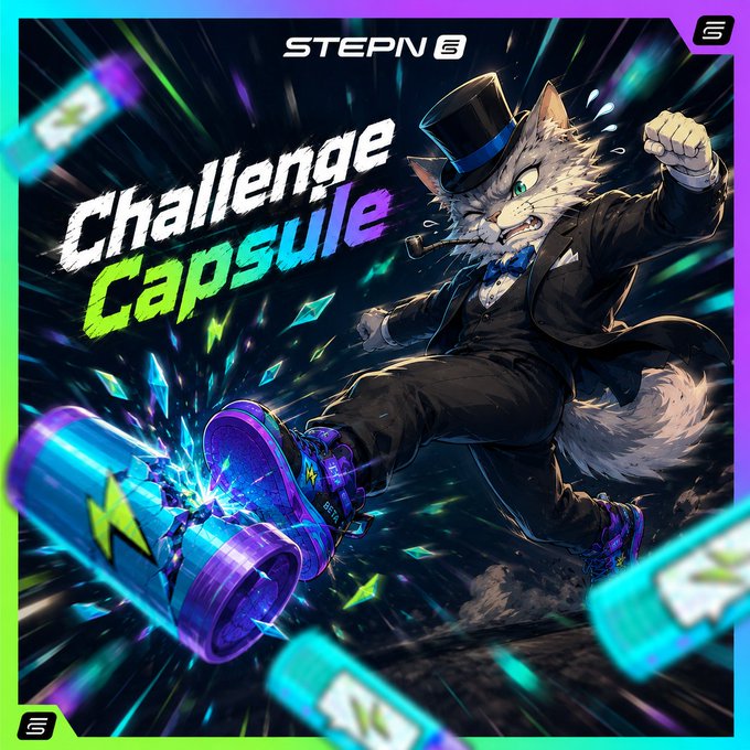 The image features a cartoon cat wearing a top hat, kicking a blue soda can that has a lightning bolt symbol on it. The background of the image is black with neon lights scattered throughout, creating an energetic atmosphere. The caption below the image reads "Challenge Capsule" and "StepN 8", which could be related to a video game or a promotional campaign for a product.