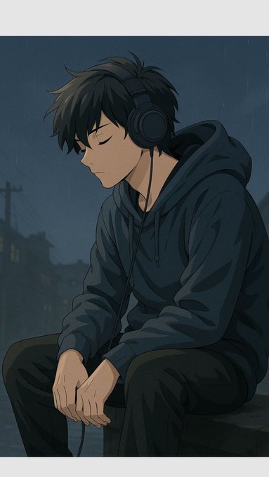 An anime-style illustration shows a dark-haired young man wearing headphones and a blue hoodie, sitting with his eyes closed and head bowed in a rainy, dim setting.
