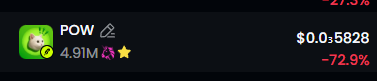 Trading interface showing POW token at $0.05828 with 4.91M market cap, showing -27.5% and -72.9% price changes.