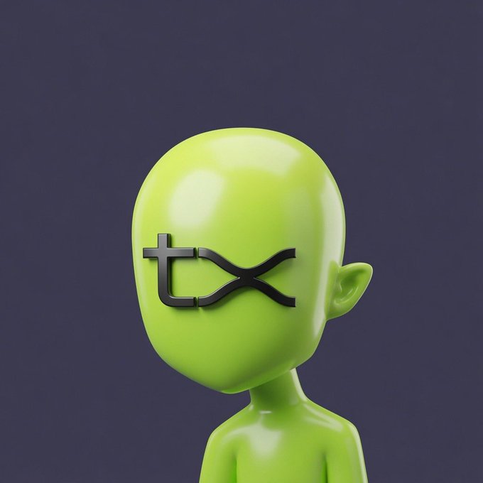 A 3D-rendered green alien-like figure with a stylized infinity symbol replacing its eyes, set against a dark gray background.