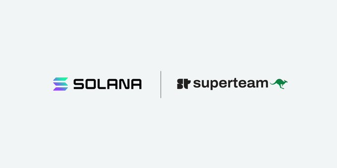 The image displays the logos of "Solana" and "Superteam" side by side, separated by a vertical line, symbolizing their partnership. This visually reinforces the post's message that Superteam Australia reaffirmed their commitment to Solana after reviewing all options.