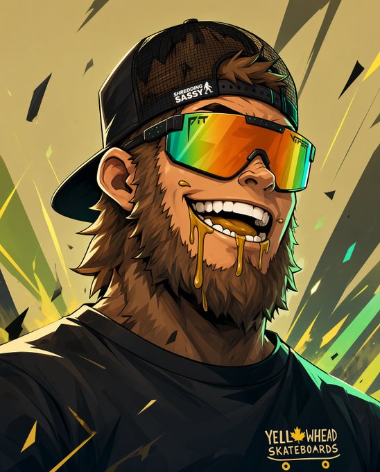 A stylized cartoon portrait of a bearded man wearing a backwards cap, rainbow-tinted sunglasses, with gold liquid dripping from his mouth, branded 'Yellow Wheat Skateboards'.
