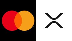 The image displays two side-by-side cryptocurrency logos: Mastercard's iconic red and yellow interlocking circles on the left, and the XRP (Ripple) logo on the right. The juxtaposition visually represents the tension between traditional financial systems (Mastercard) and crypto (XRP), reflecting the post's concern that regulatory clarity for crypto is fading as the CLARITY Act's chances of passing have plummeted from 82% to under 20%.