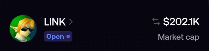 A cryptocurrency token listing showing 'LINK' with a Link-style character icon, an 'Open' button, and a market cap of $202.1K.