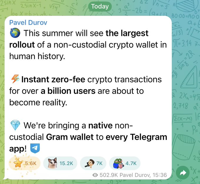 This image shows a Telegram post from Pavel Durov announcing the largest rollout of a non-custodial crypto wallet this summer, mentioning zero-fee transactions and a native Gram wallet. The post also includes engagement metrics and the date.