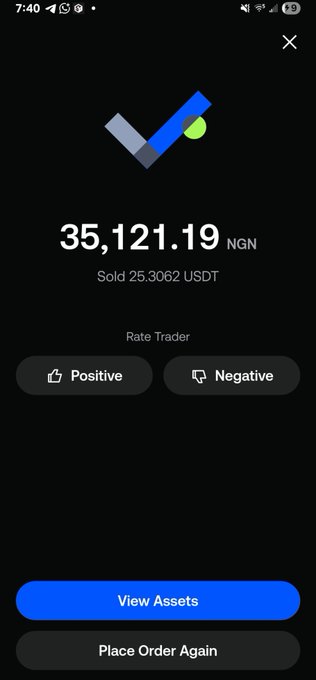 A mobile app screen showing a completed trade of 25.3062 USDT sold for 35,121.19 NGN, with options to view assets or place another order.
