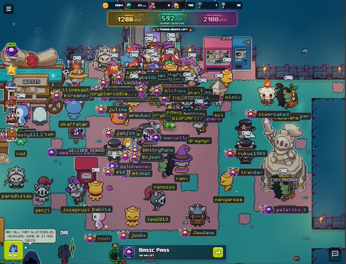 A colorful screenshot of a crowded online game lobby shows numerous avatar characters and player names like 'rudolph', 'turtleturtle_', and 'krismary', with a 'Basic Pass' prompt at the bottom.