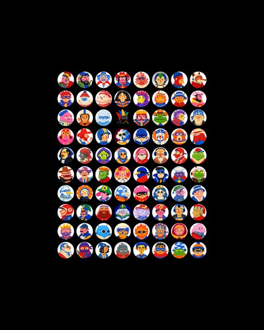 Grid display of numerous circular cartoon-style character avatars or collectible icons arranged in rows on a black background.