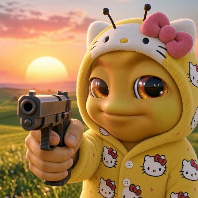 A character in a Hello Kitty hooded onesie points a gun at the viewer against a sunset backdrop, contrasting cute aesthetics with a threatening pose. The image humorously reinforces the post's provocative claim about $kitty being a last-cycle coin at all-time highs, using the "shooting" gesture to suggest the project is being "shot down."