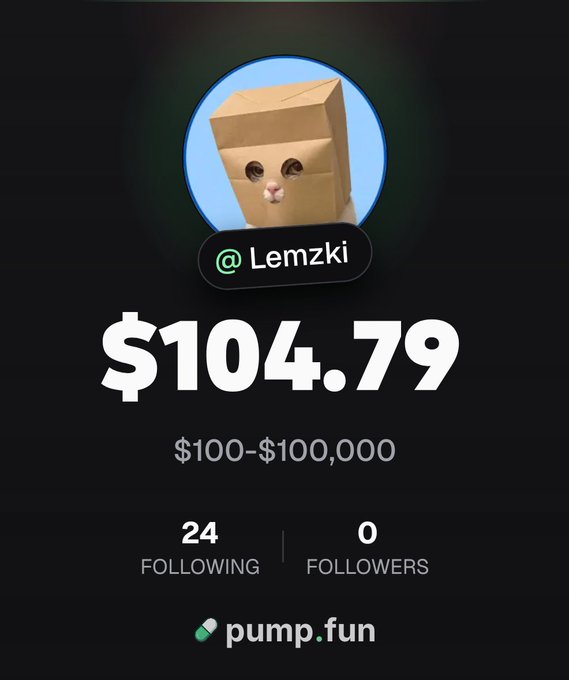 A pump.fun profile page for @Lemzki featuring a cat wearing a paper bag on its head, showing a portfolio value of $104.79 (ranging $100-$100,000), with 24 following and 0 followers.