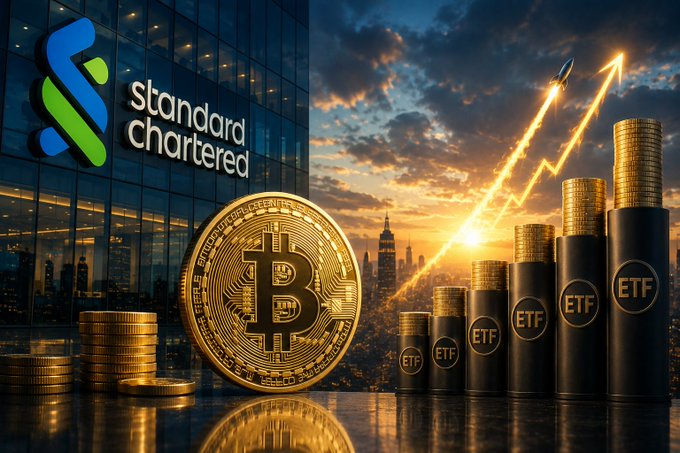 A promotional graphic for Standard Chartered featuring their logo, a Bitcoin coin, stacked coins labeled 'ETF', and an upward arrow with a rocket symbol against a city skyline.