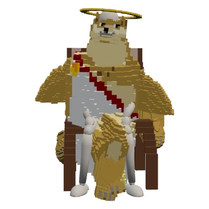 A pixel art 3D model of a bear-like figure wearing a toga and a golden halo, sitting on a small chair.