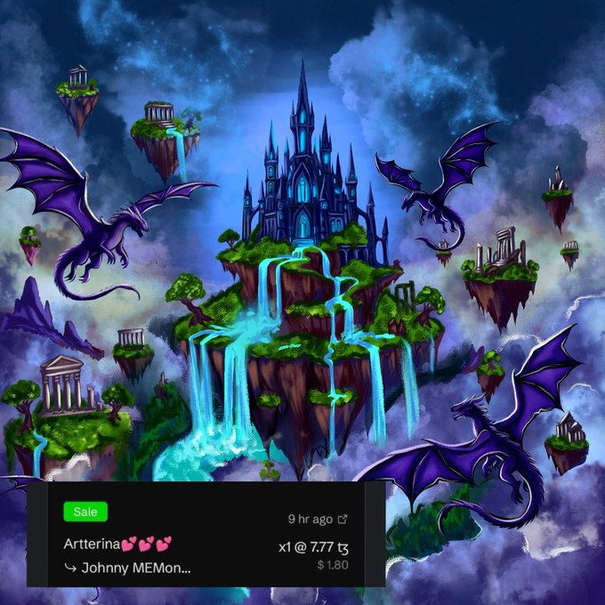 A fantasy digital artwork depicting a floating island with a gothic castle, waterfalls, and purple dragons, overlaid with a sales notification showing a '7.77' token purchase for $1.80 by Johnny MEMon.