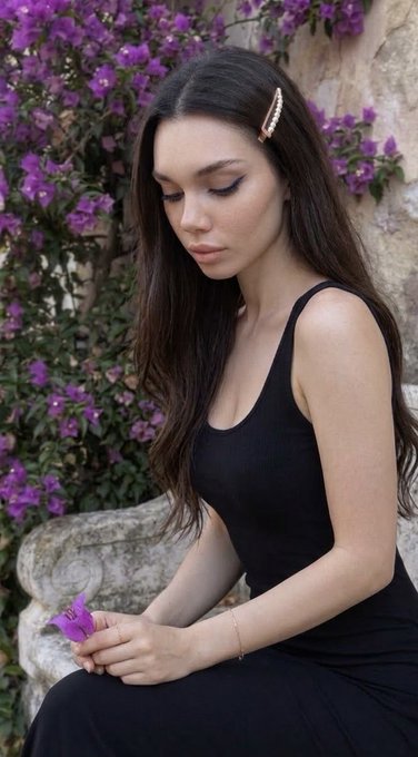 A woman with long dark hair wearing a black sleeveless dress, sitting outdoors with her eyes closed, holding a purple flower beside blooming bougainvillea.