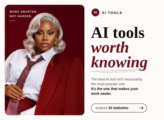 A promotional graphic titled "AI tools worth knowing" featuring a woman in a red blazer, with text "WORK SMARTER. NOT HARDER." and a description noting the best AI tool is the one that makes your work easier.