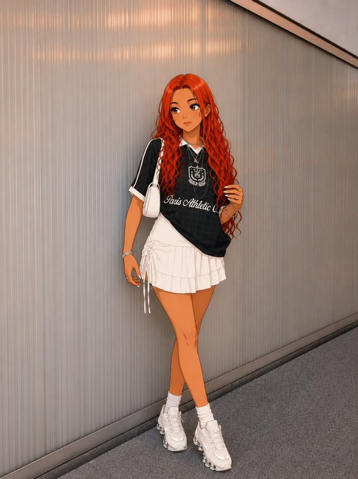 An illustrated/digital art image of a stylized young woman with long red hair wearing a black 'Frida Athletic Club' jersey, white pleated skirt, white chunky sneakers, and carrying a white bag, standing against a ribbed metallic wall.