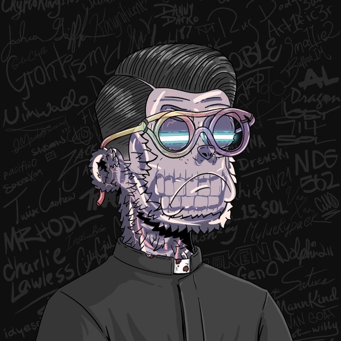 A digital illustration of a skeletal monkey character wearing goggles, set against a wall covered in graffiti-style tags and names.