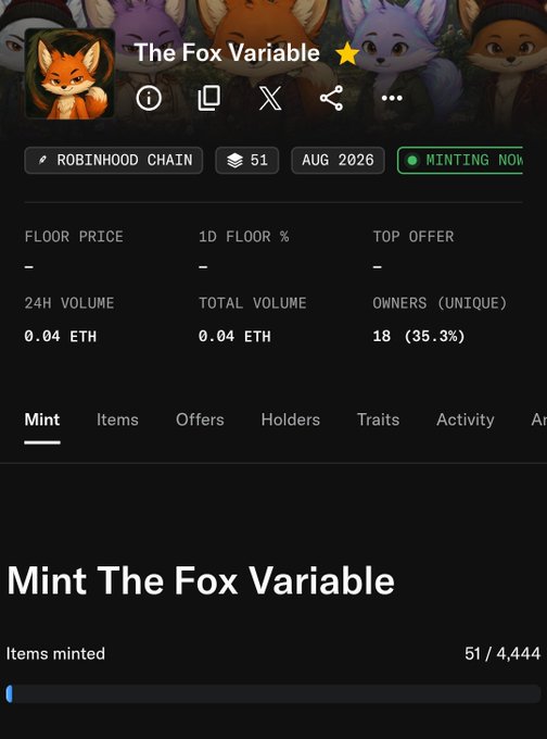 An NFT project page for 'The Fox Variable' on Robinhood Chain, showing it is currently minting with 51 of 4,444 items minted, a 24H volume of 0.04 ETH, and 18 unique owners.