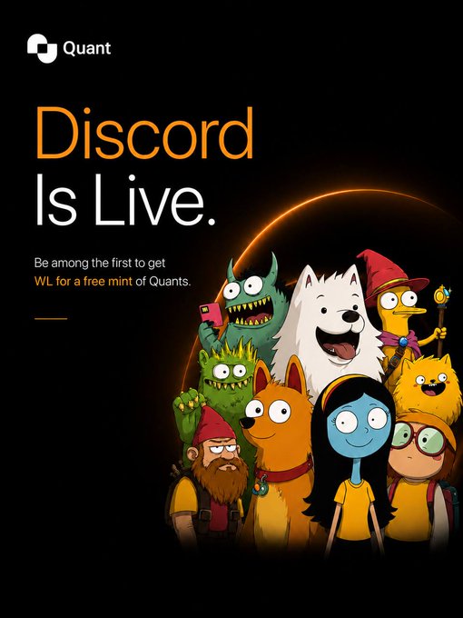 A promotional graphic announcing 'Discord Is Live' for Quants, featuring cartoon characters in yellow shirts.