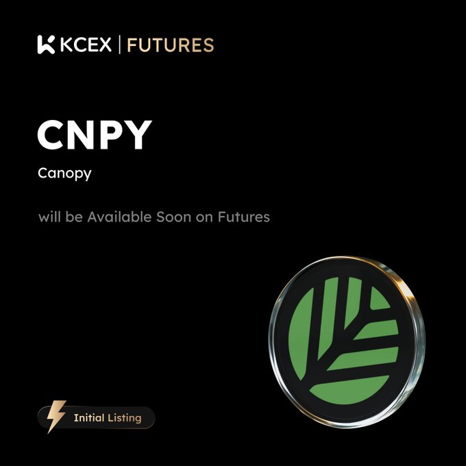Announcement graphic from KCEX Futures stating 'CNPY Canopy will be Available Soon on Futures' with an 'Initial Listing' tag and a green leaf-themed coin logo.