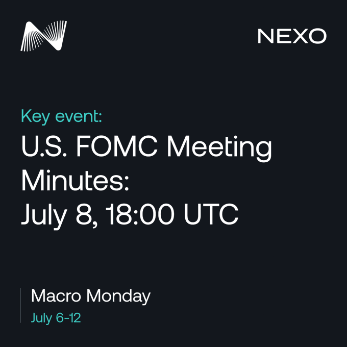 The image is a dark-themed promotional graphic from Nexo announcing a key macro event: the U.S. FOMC Meeting Minutes release on July 8 at 18:00 UTC, highlighted as part of their "Macro Monday" outlook for July 6–12. It visually emphasizes the Fed-focused week described in the accompanying post, where Fed communications take center stage amid lighter economic data volume.