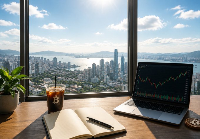Workspace scene with an iced coffee in a Bitcoin-logo cup, an open notebook with pen, a potted plant, and a laptop displaying a trading chart, all set against a window overlooking a city skyline.