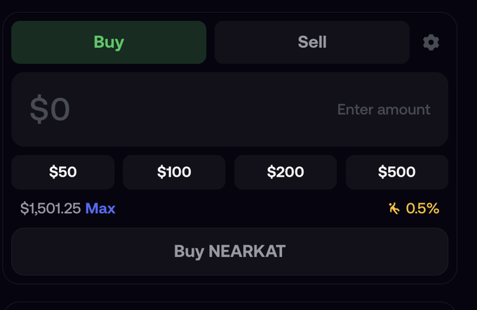 A dark-themed trading interface with Buy and Sell buttons, a $0 input field, quick amount buttons ($50, $100, $200, $500), a max balance of $1,501.25, and a "Buy NEARKAT" button.