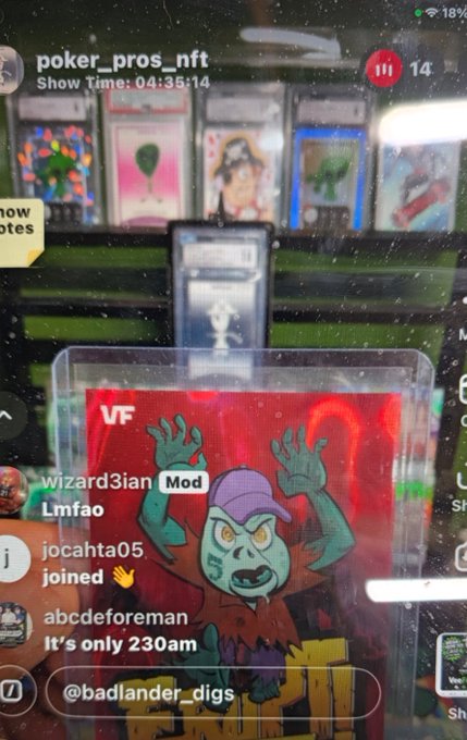 A live stream titled 'poker_pros_nft' with 'Show Time: 04:35:14' displays a graded trading card featuring a green zombie-like character with raised hands, while viewers like 'wizard3ian', 'jocahta05', and 'abcdeforeman' comment in the chat.