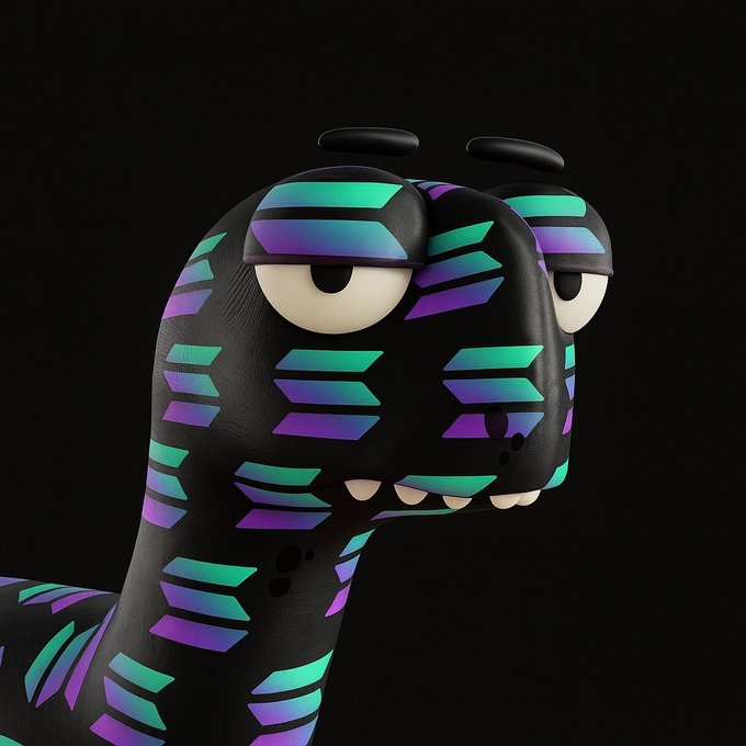 A stylized 3D creature with a tired, half-lidded expression features its body covered in repeating teal-to-purple gradient arrow patterns, which serve as a visual representation of the Solana logo and brand identity.