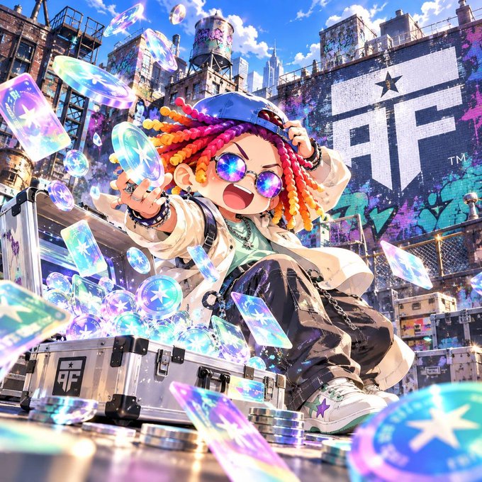 A vibrant digital illustration of a character with colorful dreadlocks and sunglasses surrounded by floating digital cards and coins, with an 'IF' logo in the background.