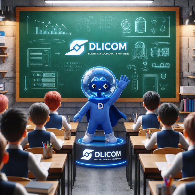 The image shows a classroom with children sitting at desks while wearing blue shirts that say "Dlicom". The teacher stands next to them holding up a blue robot figure dressed as a superhero. The scene takes place during a lesson, possibly about social media or online gaming.