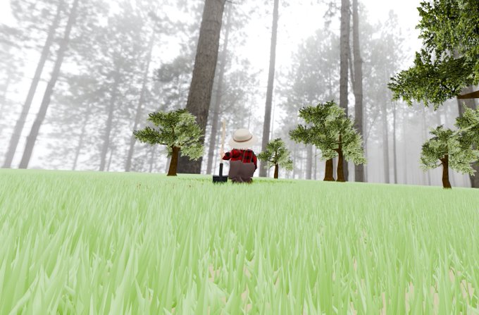 A 3D rendered video game scene featuring a small character wearing a red jacket and hat sitting in a grassy forest clearing with tall pine trees.