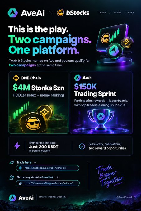 A promotional graphic for AveAi x bStocks advertising 'Two campaigns. One platform.' with details about BNB Chain ($4M Stonks Szn) and Ave ($150K Trading Sprint) rewards.