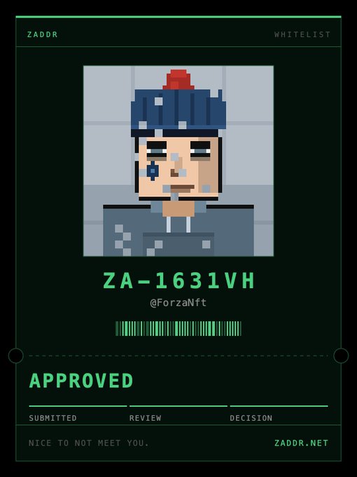 A digital 'WHITELIST' card from ZADDR.net featuring pixel art of a character with a red beanie and a bruised eye, labeled 'ZA-1631VH @ForzaNft' with an 'APPROVED' status.