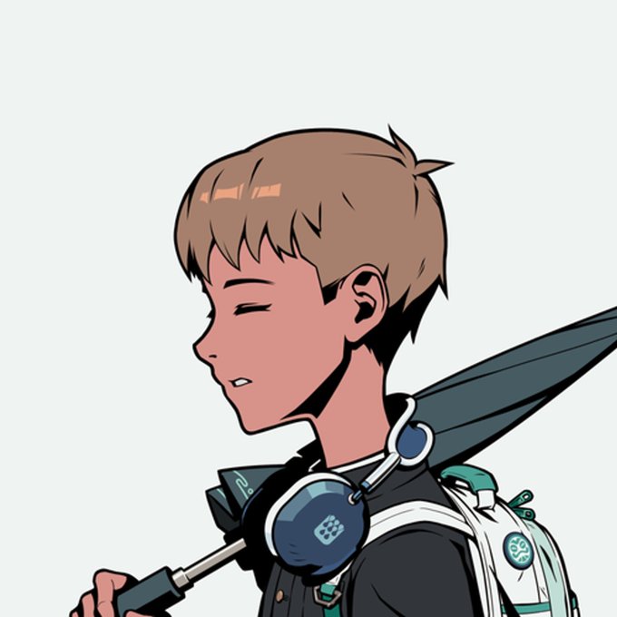 A stylized anime-style illustration depicts a young man with brown hair carrying a large weapon over his shoulder and wearing headphones around his neck.