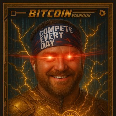 A stylized digital artwork titled 'BITCOIN WARRIOR' featuring a smiling man wearing a headband that reads 'COMPETE EVERY DAY', with glowing red eyes and golden lightning effects surrounding him.