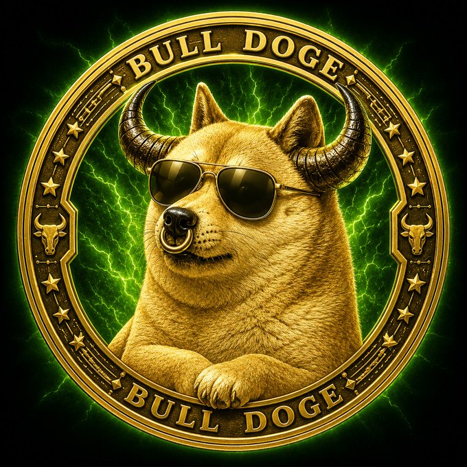 A golden coin-style emblem titled 'BULL DOGE' features a Shiba Inu dog wearing sunglasses and a nose ring against a green lightning background.