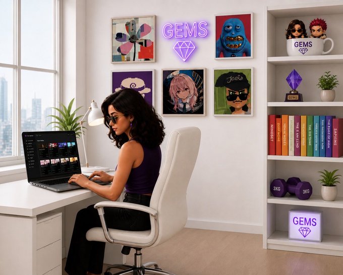 A woman with sunglasses works on a laptop at a desk in a room decorated with anime artwork, a 'GEMS' neon sign, plush toys, and a bookshelf with books and dumbbells.