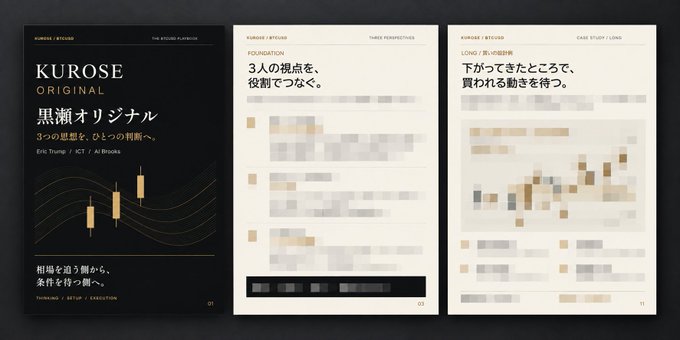 A mockup display of a three-page PDF titled "KUROSE ORIGINAL," featuring a dark cover with candlestick chart imagery and the names "Eric Trump / ICT / Al Brooks," followed by two interior pages headed "THREE PERSPECTIVES" and "CASE STUDY: LONG" with pixelated Japanese text. The layout visually previews the trading document described in the post, showing the blend of perspectives and case study sections the creator is finalizing.