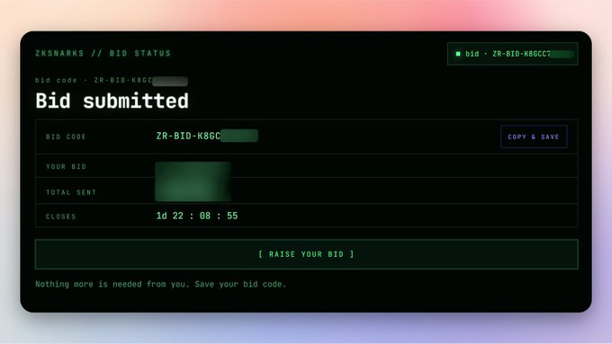 A "Bid submitted" confirmation screen on zksnarks for bid code ZR-BID-K8GC, showing a countdown of 1d 22:08:55 remaining before the auction closes and an option to "Raise Your Bid." The interface supports the poster's bid attempt to join SNARKLIST for the ZK-SNARKS auction, as mentioned in their tweet.
