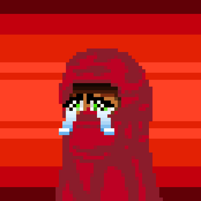 A pixel-art character wearing a red hood with tears streaming down their face is set against a red striped background, visually expressing the sadness or frustration behind a cheerful "gm" greeting.