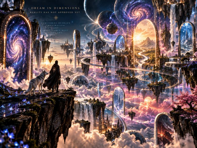A fantastical digital artwork titled "DREAM IN DIMENSIONS - REALITY HAS NOT APPROVED YET" depicting a cloaked figure with a wolf companion standing on a cliff overlooking floating islands, portals to galaxies, waterfalls, and glowing cities, with text reading "IMAGINATION AND WHAT I CAN INVENT LIVES YOU."