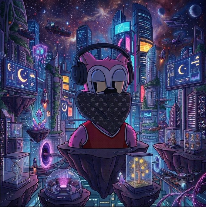 A stylized illustration of a fox-like character wearing headphones and a patterned bandana over its face, set against a vibrant cyberpunk cityscape featuring floating islands, neon buildings, spaceships, and crystal displays.